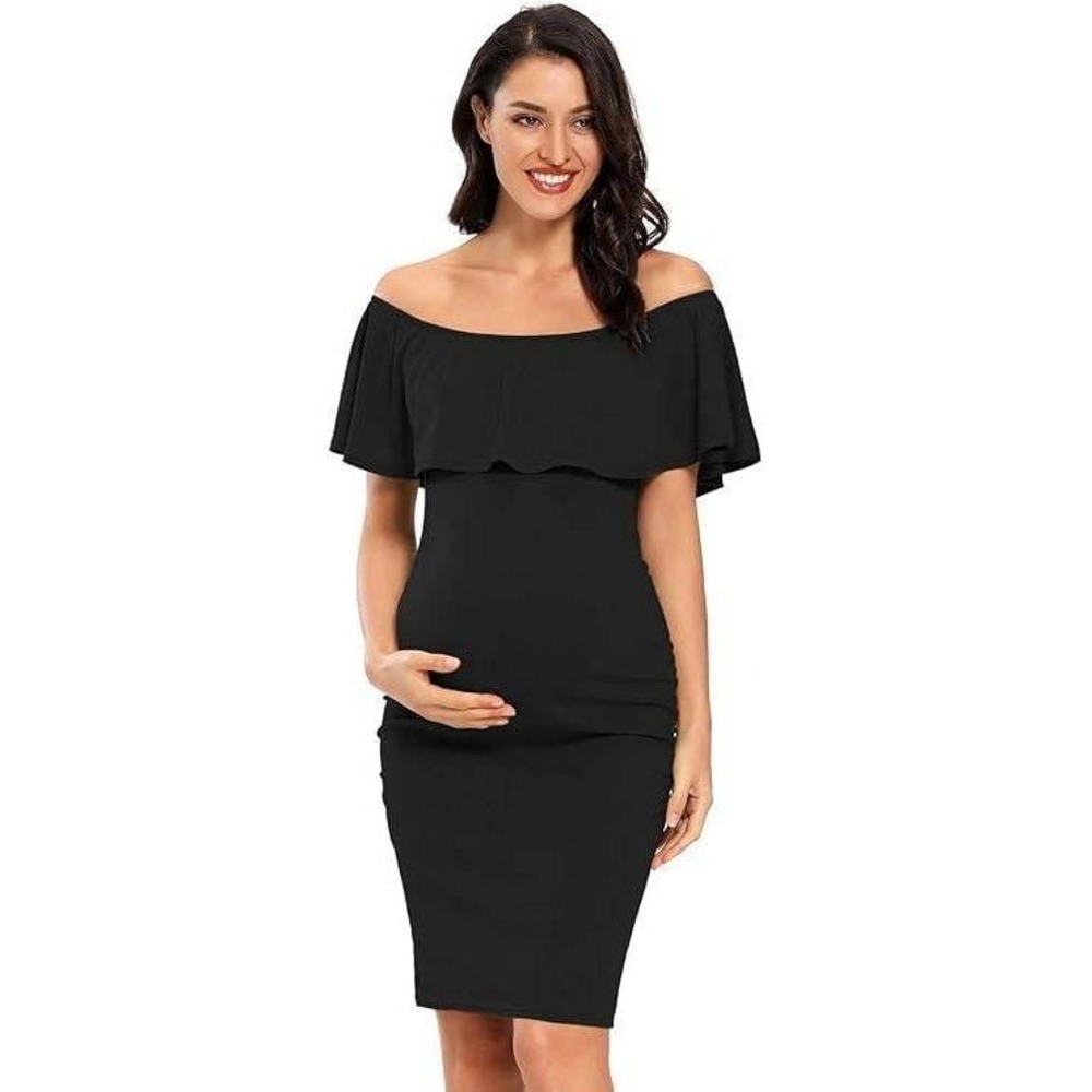 Brat Star Black Off The Shoulder Ruffle Maternity Dress white side stripe S